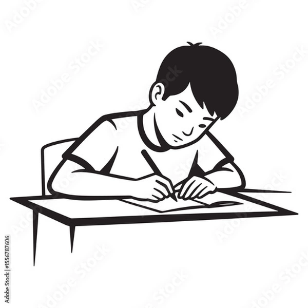 Fototapeta A young boy focusing on writing with a pen on paper at a desk in black and white