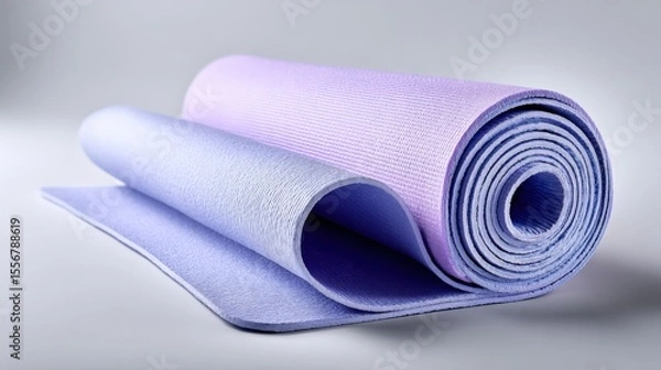 Fototapeta Flexible textured exercise yoga mat rolled partially unrolled showing comfortable surface for workouts and fitness routines in pastel purple and light blue