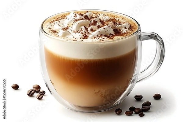 Fototapeta Coffee Latte in Clear Glass Mug with Whipped Cream and Cocoa Powder on White Background