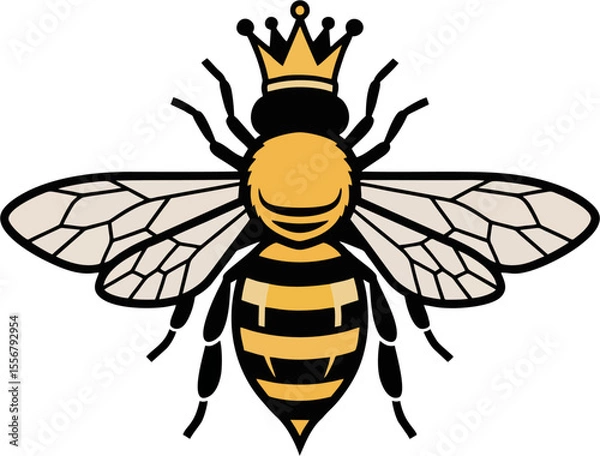 Obraz Royal Queen Bee Vector Illustration – Flat Design of a Crowned Bee with Transparent Wings
