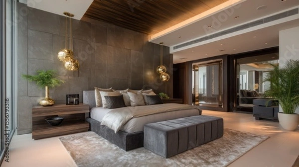 Obraz luxurious master bedroom with charcoal and gold tones, rim light highlighting brushed velvet textures and high-gloss wood, natural