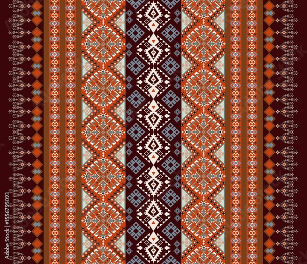 Obraz Abstract geometric fabric art, ethnic, geometric style, vertical full fabric pattern, dark brown, pastel purple, orange for textile, cloth, dress, curtain, carpet, pillow