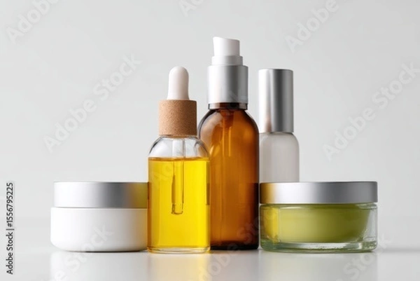 Fototapeta A neat row of skincare products including bottles and jars with a clean white backdrop