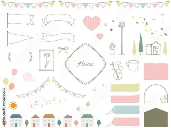 Obraz かわいい家の手描きイラストやあしらいの素材セット