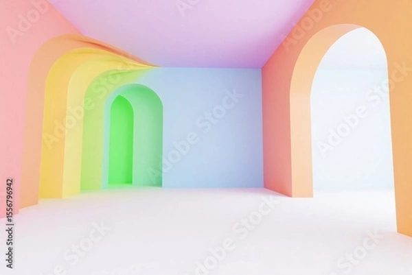 Fototapeta room with a rainbow colored wall and a white floor