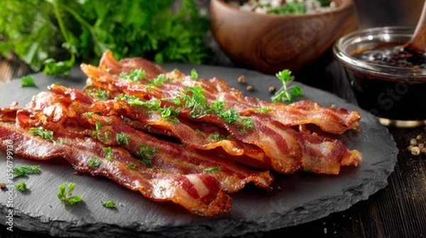 Fototapeta A beautiful presentation of bacon strips on a slate platter, garnished with fresh herbs and served alongside a dipping sauce, perfect for entertaining
