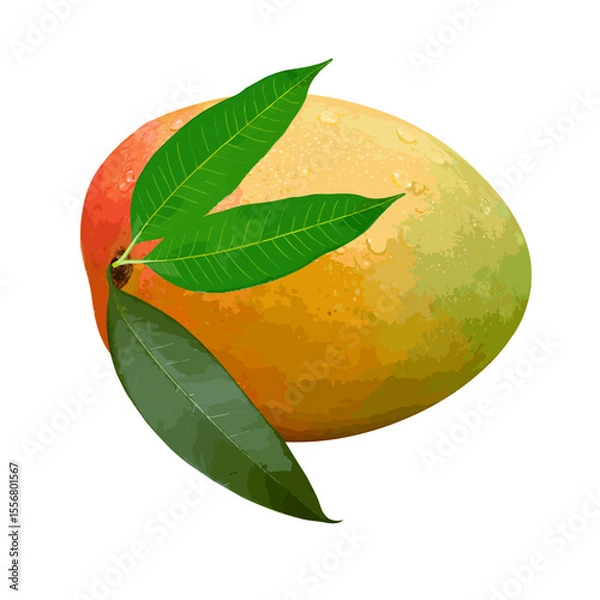 Obraz Mango Icon Set with Green Leaves – Flat Vector Fruit Collection