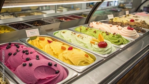 Fototapeta Colorful Assortment of Gelato and Sorbet in Ice Cream Parlor Display