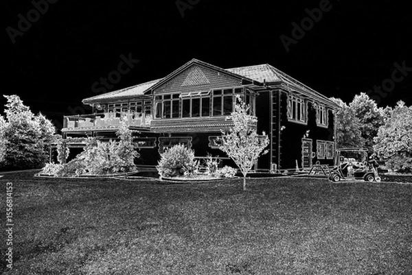 Fototapeta Flat design showing two-story house with gabled roof, lawn, shrubs, garden edging, utility vehicle