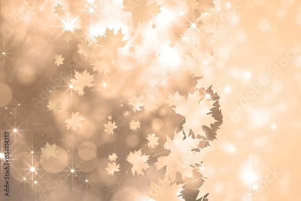 Fototapeta Abstract flat art showing maple leaf silhouettes drifting into warm gradient with bokeh sparkles