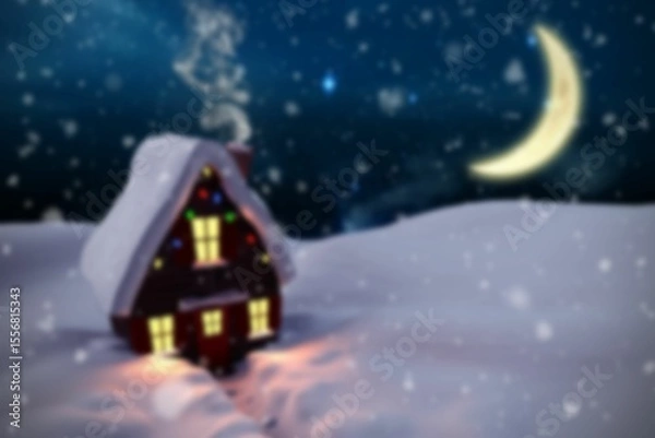 Fototapeta Wooden cabin is glowing as smoke is rising across snowfield under crescent moon in flat design