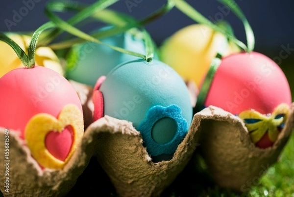 Fototapeta Close-up of colorful Easter eggs in crate