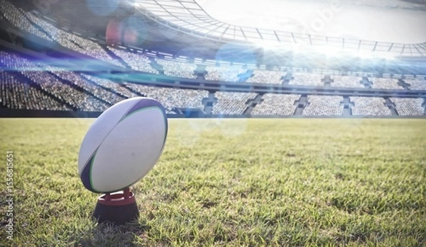 Fototapeta 3D render showing rugby ball sitting upright on kicking tee inside stadium with floodlights shining