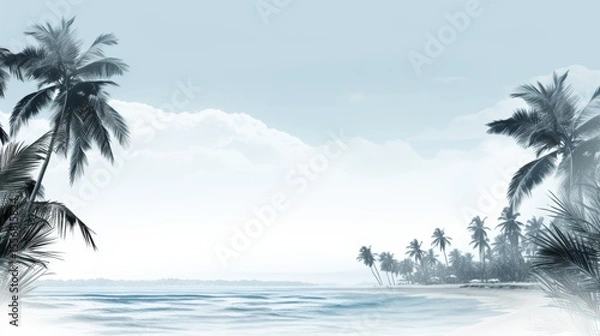 Fototapeta Engraving of summer beach tranquility featuring palm trees and seasonal beach elements
