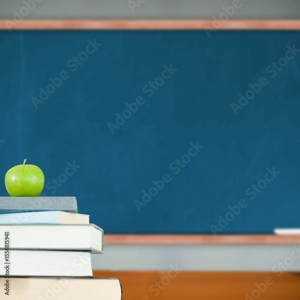 Obraz Green apple on pile of books in classroom