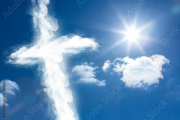 Obraz Cross shaped cloud formation is floating in flat design sky with sun rays and lens flare