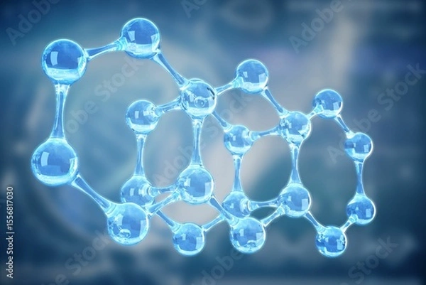 Obraz 3D molecular model showing connected transparent blue spheres and rods on blurred backdrop