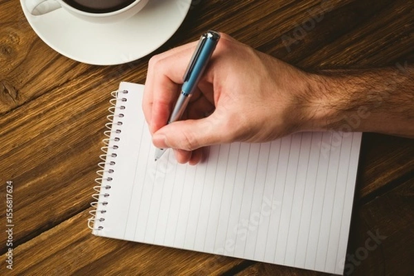 Obraz Man writing in book by coffee cup on table