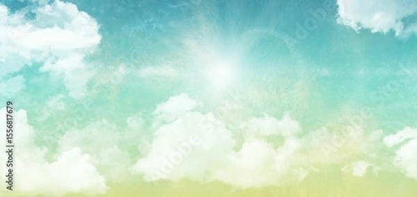 Obraz Bright sun is shining in digital illustration of pastel gradient sky with drifting white clouds