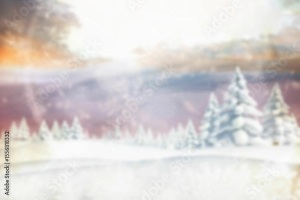Fototapeta Flat design showing snow-covered evergreen trees on right side in snowy field under pastel sky
