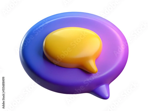 Obraz A vibrant 3d render of a glossy yellow speech bubble icon emerging from a larger purple and blue gradient circular message bubble on a black background