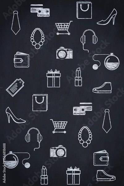Fototapeta Chalkboard-style background is showing repeating white chalk shopping and fashion icons on surface