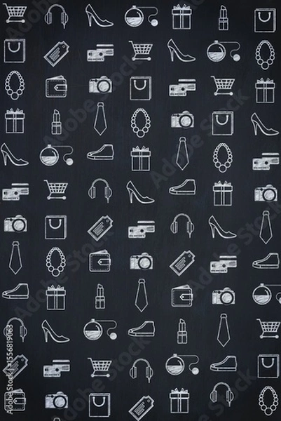 Fototapeta Retail icons are repeating on chalkboard-style background featuring carts, shoes, tags, bags