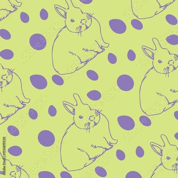 Fototapeta Central purple line-drawn rabbit is featuring in pale green sketch-style pattern with purple ovals