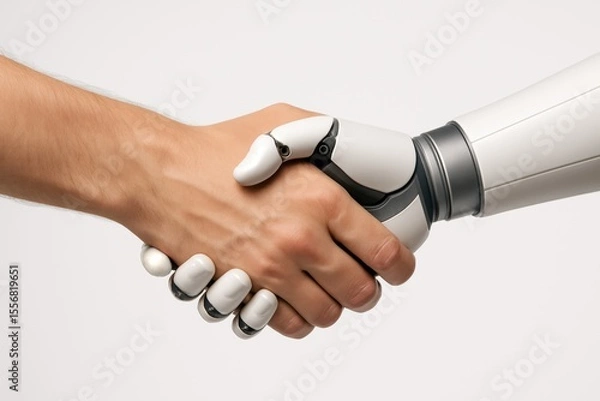 Fototapeta Close-up of human and robotic hand shake – AI collaboration
