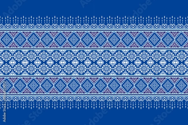 Obraz Abstract geometric fabric pattern with shades of dark blue and white. Seamless fabric pattern is used in various textiles such as clothing, scarves, blankets and designs in cultural,  traditional.