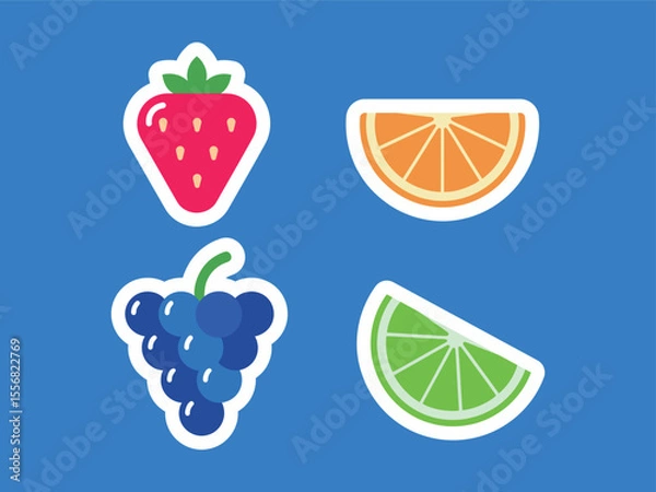 Fototapeta Flat Design Four Assorted Fruits Strawberry Orange Grapes Lime Icon Set