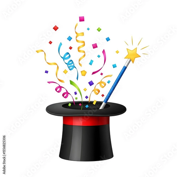 Fototapeta A whimsical wizard's hat releasing colorful confetti and streamers with a magic wand creates a celebratory and festive feeling, perfect for event promotions, transparent background