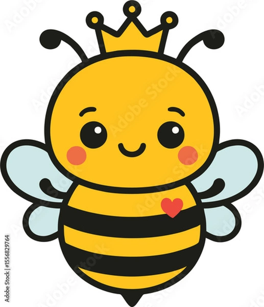 Obraz Cute Cartoon Queen Bee with Crown and Heart – Kawaii Vector Illustration for Kids and Stickers