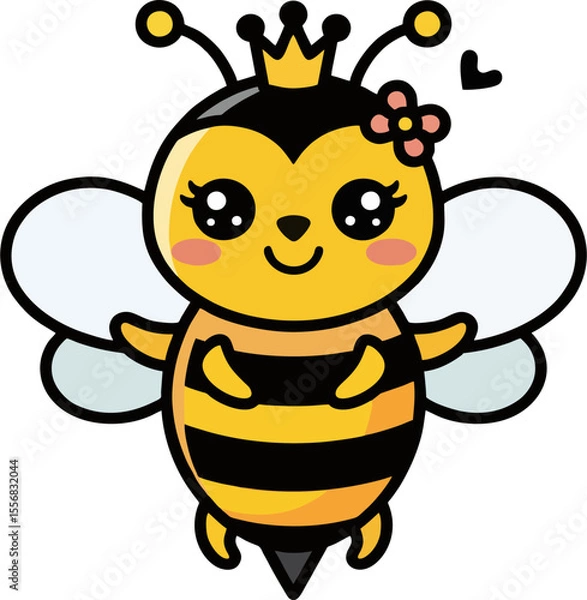 Obraz Cute Queen Bee Cartoon with Crown and Flower – Adorable Kawaii Bee Illustration for Kids