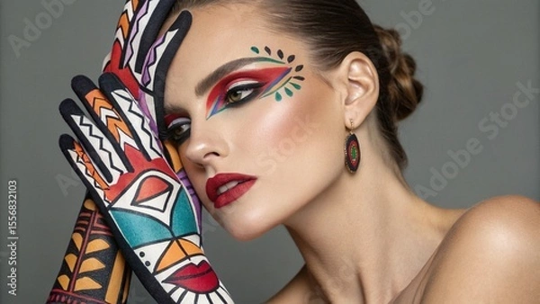 Fototapeta Closeup Portrait of a Woman with Colorful Polka Dot Makeup,  Creative makeup look with polka dots and glossy red lips