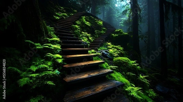 Fototapeta Enchanting Wooden Steps Winding Through a Lush Mossy Forest Path