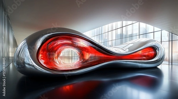 Fototapeta Abstract Modern Sculpture in Contemporary Building Interior Red and Chrome Design
