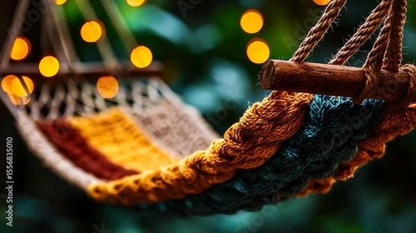 Fototapeta Colorful Hammock Outdoors at Night with String Lights Relaxing Summer Vacation Scene