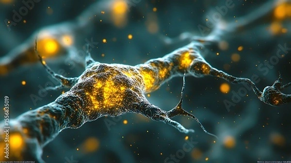 Fototapeta Microscopic Neuron Cell Network Glowing Synapses Neural Activity Scientific Background