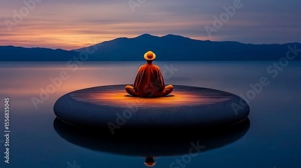 Fototapeta Serene Sunset Meditation Person in Lotus Pose on Calm Lake Mountain View