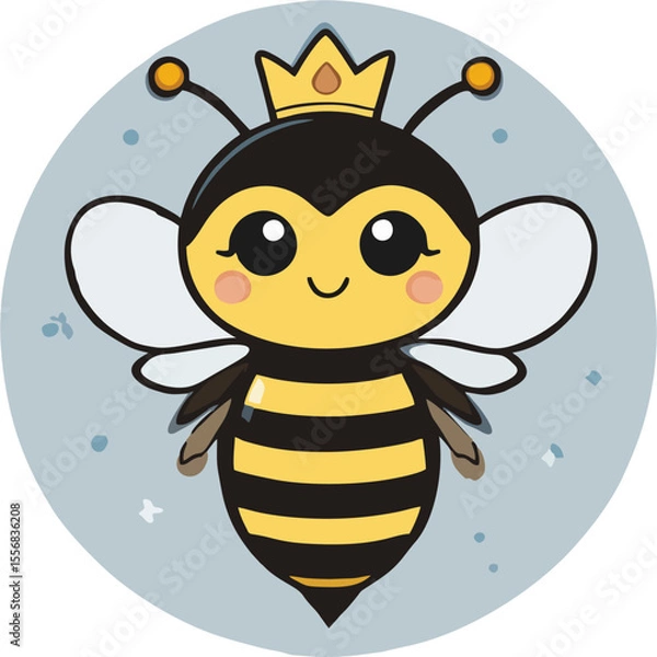 Obraz Cute Queen Bee Cartoon with Crown – Kawaii Honeybee Character Illustration in Circle Badge