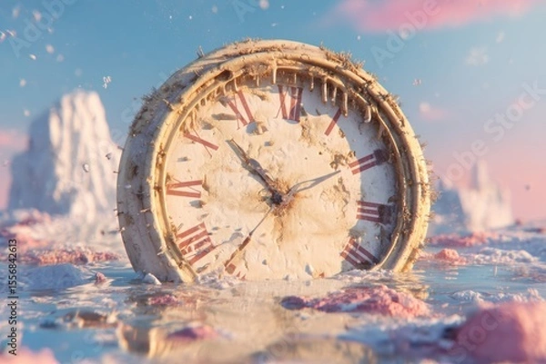 Obraz Clock melting under the sun, symbol of running out of time for the environment, pastel surrealism.
