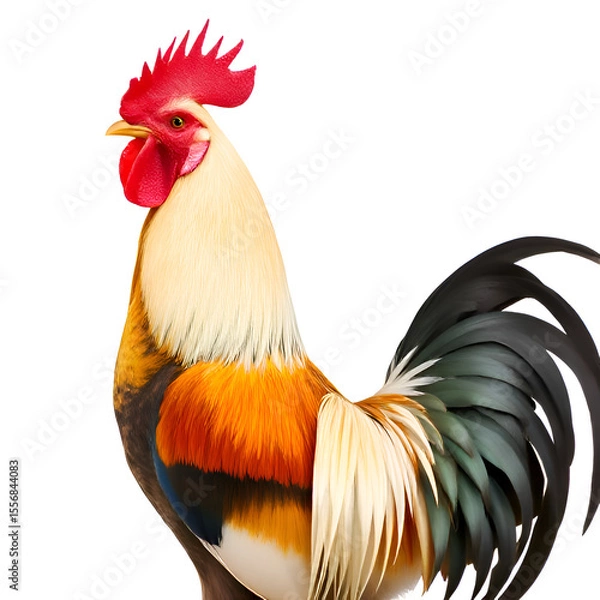 Fototapeta "Colorful Rooster Standing Isolated on White Background – Farm Poultry Bird with Red Comb and Feathers, Domestic Livestock Animal"

