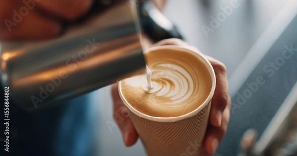 Fototapeta Barista skillfully preparing a takeaway latte with intricate art, showcasing professional pouring techniques in a bustling coffee shop
