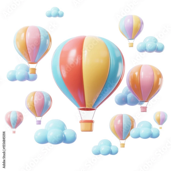 Obraz A delightful collection of colorful hot air balloons and fluffy clouds floating in the sky isolated on transparent background