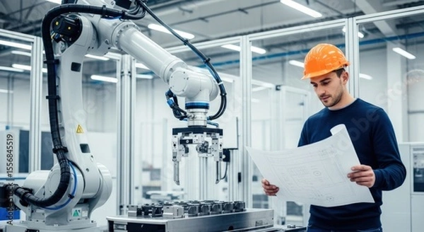Fototapeta Engineer reviewing blueprints next to a robotic arm in a modern manufacturing environment setting