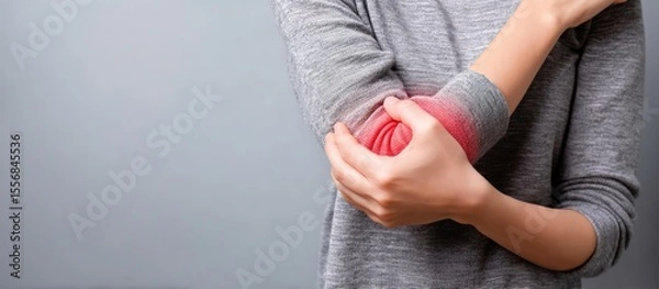 Fototapeta Close up of woman gripping her arm, experiencing painful elbow discomfort against a grey background, highlighting symptoms of joint inflammation