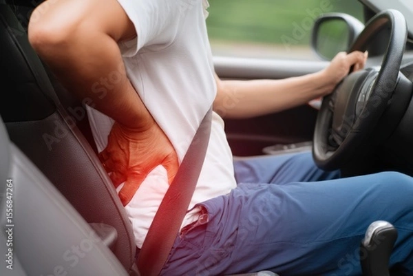 Fototapeta Driver experiencing back pain while navigating through traffic, emphasized by vibrant red tones highlighting discomfort and tension