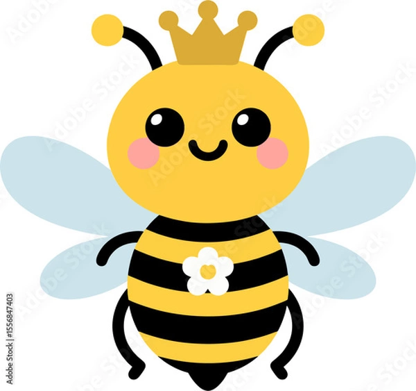 Obraz Cute Queen Bee with Crown and Flower – Kawaii Cartoon Honeybee Character Illustration