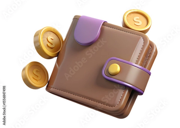 Obraz A 3d render of a brown leather wallet with a purple clasp and several golden coins featuring a dollar sign scattered around it on a black background